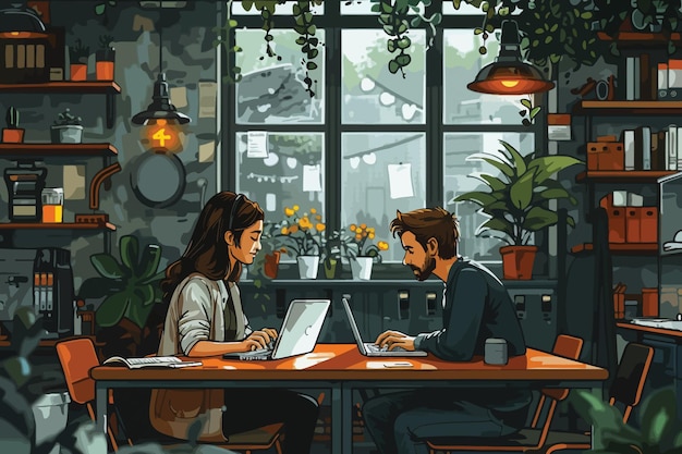 un dessin animé d'un couple travaillant à une table avec des ordinateurs portables