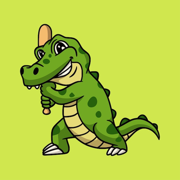 Dessin Animé Crocodile Animal Jouant Au Baseball Logo Mascotte Mignon