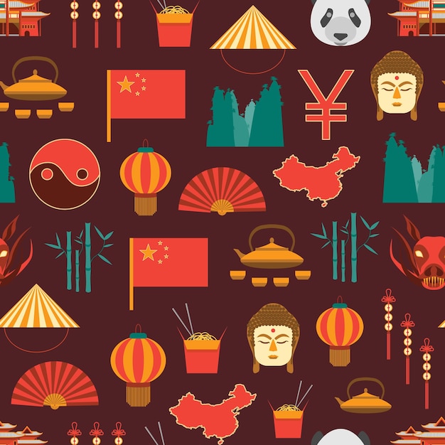 Dessin Animé De La Culture Chinoise Et Du Motif De Fond Du Tourisme Sur Une Illustration Vectorielle D'éléments De Conception De Style Plat Rouge