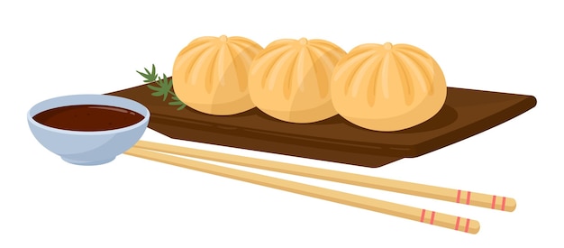 Vecteur dessin animé dim sum boulettes chinoises plat asiatique avec sauce soja et baguettes xiao long bao cuisine traditionnelle illustration vectorielle plane