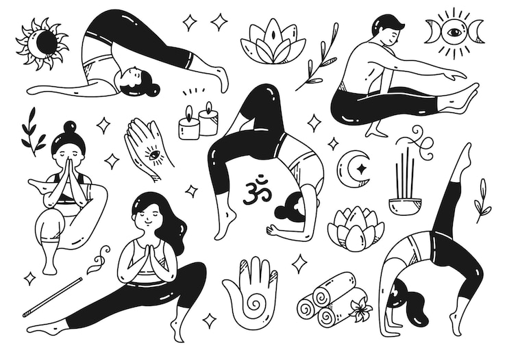 Vecteur dessin animé doodle de femme faisant du yoga dans diverses poses