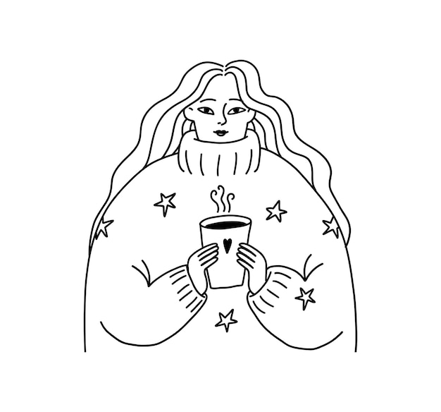 Dessin Animé Doodle Fille Avec Une Tasse De Café Dans Un Pull Confortable Surdimensionné Avec Des étoiles