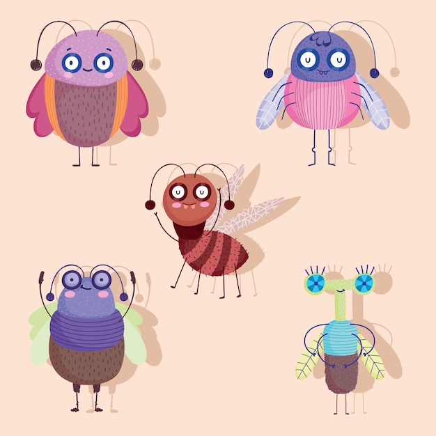 Vecteur dessin animé drôle d'animaux bugs avec des icônes d'ombre mis en illustration