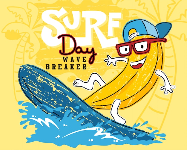 Dessin Animé Drôle De Banane Jouant à La Planche De Surf