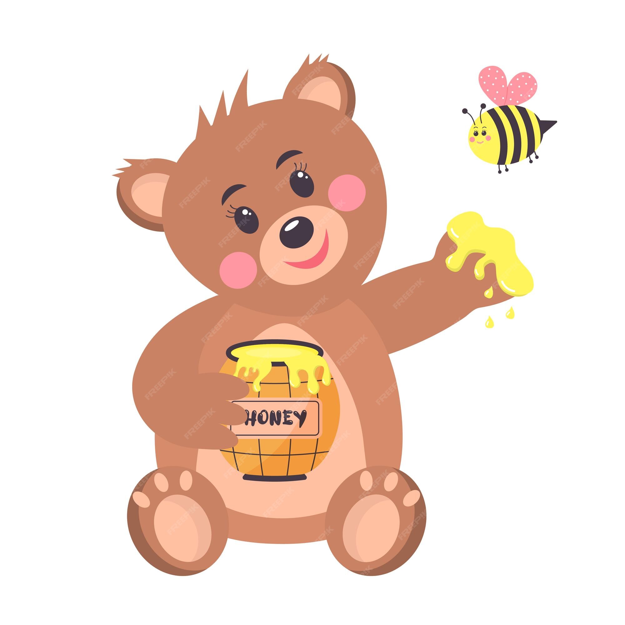 Dessin Anime Drole Bebe Ours Tenant Un Pot De Miel Et Une Jolie Abeille Ronde Vole Autour De Lui Vecteur Premium