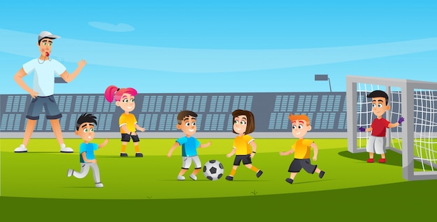 Dessin Animé Enfant Jouer Au Football Arbitre Siffler