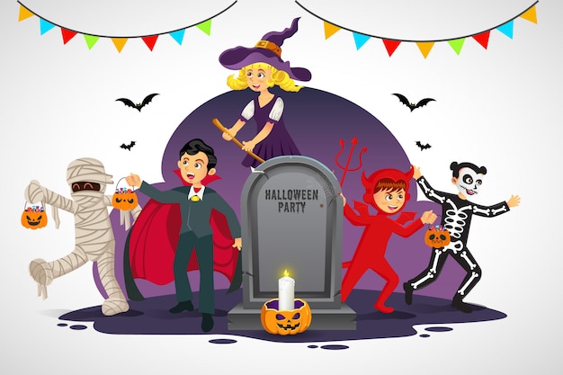 Dessin Animé Enfants Heureux En Costume D'halloween Avec Une Vieille Pierre Tombale Sur Fond Blanc. Illustration Pour Joyeux Halloween Carte, Flyer, Bannière Et Affiche