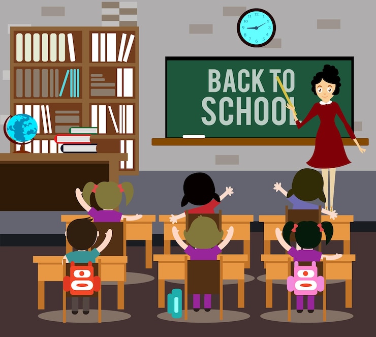 Vecteur un dessin animé d'enfants avec une horloge au-dessus d'eux qui dit retour à l'école