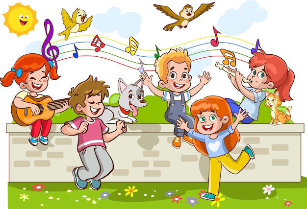 Un dessin animé d'enfants jouant de la musique et chantant