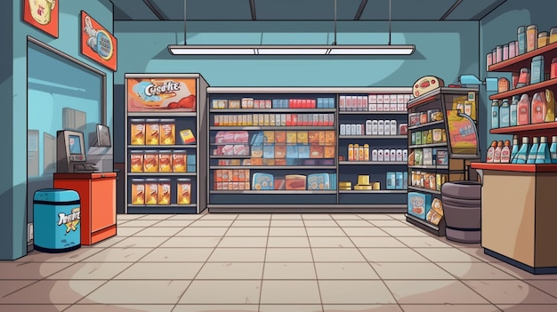 Vecteur un dessin animé d'une épicerie avec un grand panneau disant 