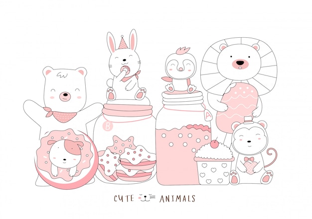 Dessin animé esquisse le bébé animal mignon. Style dessiné à la main.