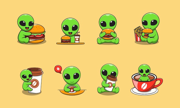 Dessin Animé Extraterrestre Mignon Avec Hamburger Et Café