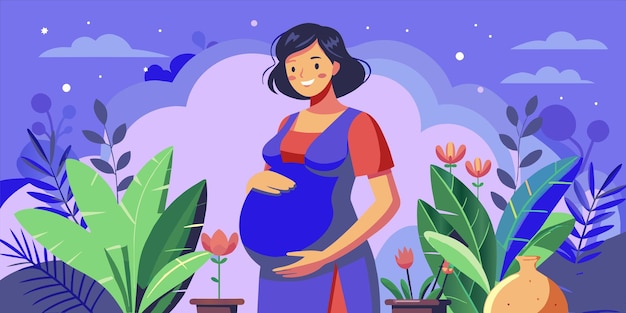 Vecteur un dessin animé d'une femme enceinte dans un jardin avec des fleurs et un ciel bleu