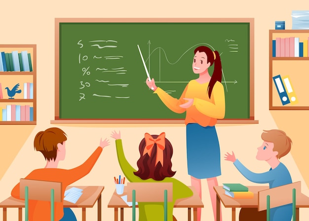 Dessin animé femme enseignant enseignant aux enfants tenant le pointeur debout à la leçon scolaire tableau