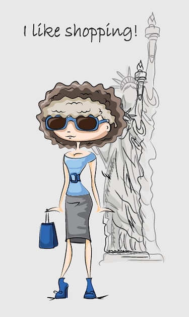 Un Dessin Animé D'une Femme Portant Des Lunettes De Soleil Et Tenant Un Sac à Provisions.