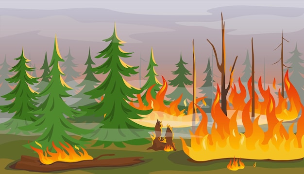 Vecteur dessin animé feu de forêt brûlant des arbres feu de forêt catastrophe naturelle effet du changement climatique ou du réchauffement climatique flammes de feu de brousse illustration vectorielle