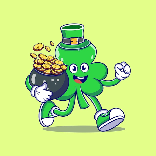 Le Dessin Animé De La Feuille De Trèfle De Saint-patrick Qui Court Avec Un Pot De Pièces D'or