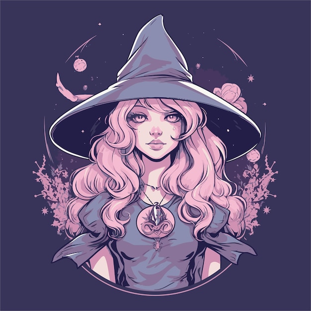 Un dessin animé d'une fille avec un chapeau qui dit "la sorcière" dessus