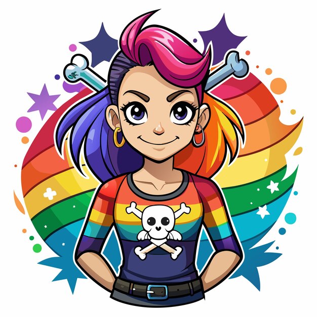 Vecteur un dessin animé d'une fille avec une chemise de couleur arc-en-ciel et un crâne sur sa poitrine