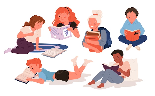 Dessin animé fille garçon personnage étude écolier lisant un livre d'histoire papier ouvert de la bibliothèque mignon petit