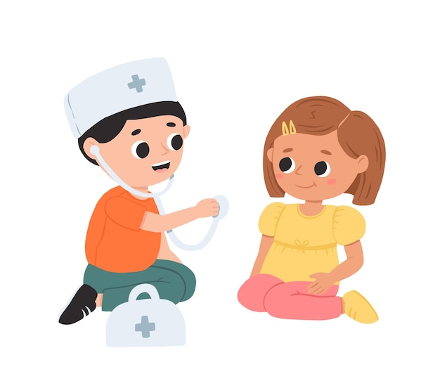 Dessin animé fille heureuse et garçon jouant au docteur et souriant Illustration de vecteur mignon isolé sur fond blanc