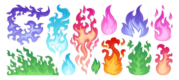 Dessin Animé Flammes Brûlantes Colorées Boules De Feu Et Feu De Joie Feu De Forêt Brûler Flammes Colorées Feu Flamme Jaillit Illustration Vectorielle Plane Sur Fond Blanc