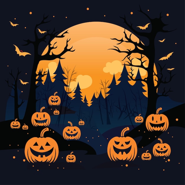 Vecteur dessin animé de fond d'halloween avec citrouille et chauve-souris à la mouche, forêt effrayante et affichage de fond de lune