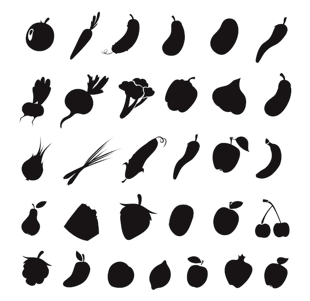 Dessin animé fruits légumes Collection Vecteurs Silhouettes