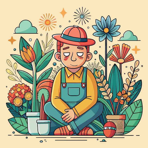 Vecteur un dessin animé d'un garçon assis devant un pot avec des fleurs et un pot de pommes