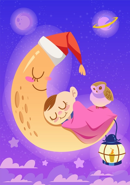 Un Dessin Animé D'un Garçon Dormant Sur La Lune Avec Un Bonnet De Noel Et Un Hibou Dessus.