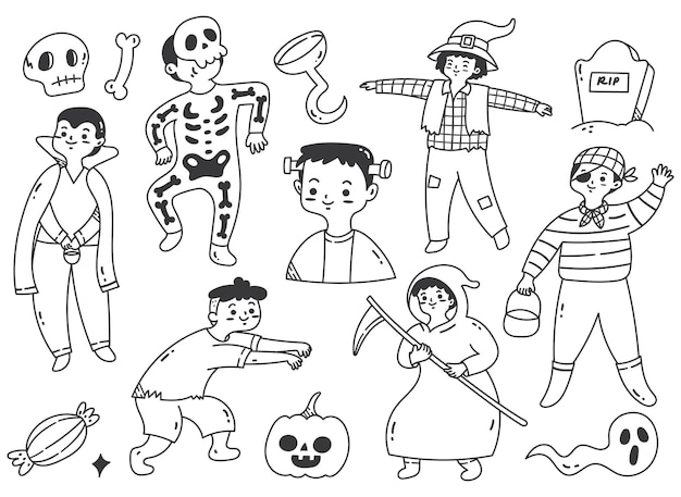 Dessin Animé Garçon Portant Costume Halloween Doodle Clip Art Illustration Vectorielle