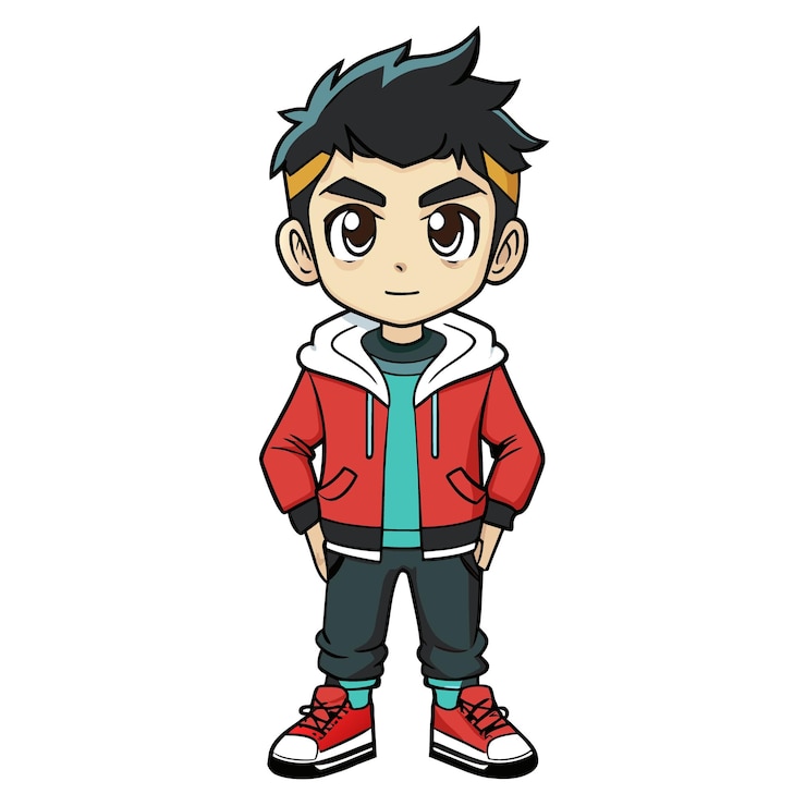 Vecteur un dessin animé d'un garçon portant une veste rouge avec une capuche dessus