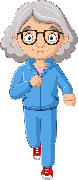 Dessin animé grand-mère jogging sur fond blanc