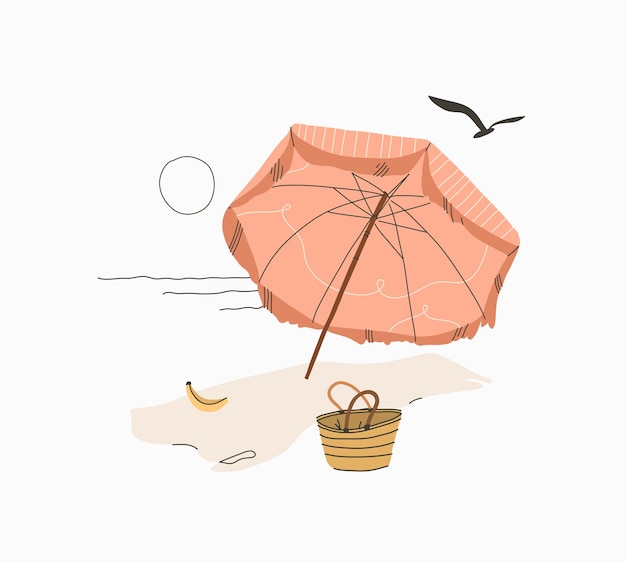 Dessin Animé Graphique Abstrait D'été, Impression D'illustrations Minimalistes, Avec Un Beau Parapluie Boho