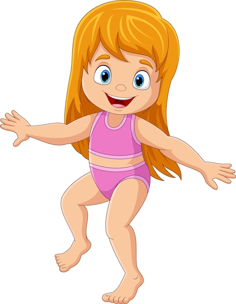 Dessin Animé Heureuse Petite Fille En Maillot De Bain Posant