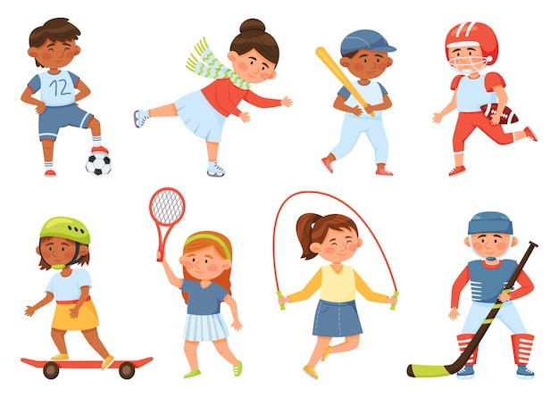 Vecteur dessin animé heureux écoliers font du sport et exercent des activités pour enfants ensemble de vecteurs de tennis de baseball