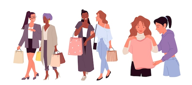 Dessin Animé Heureux élégant Jeune Shopper Femme Personnages Marchent Avec Des Sacs à Provisions Dame Essayant Des Vêtements