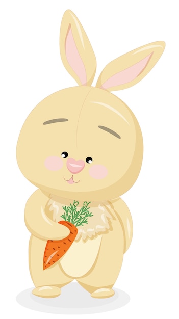 Vecteur dessin animé heureux lapin beige potelé avec carotte