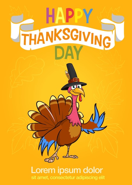 Vecteur dessin animé heureux mignon thanksgiving dindon oiseau illustration vectorielle isolée conception pour le jour de thanksgiving