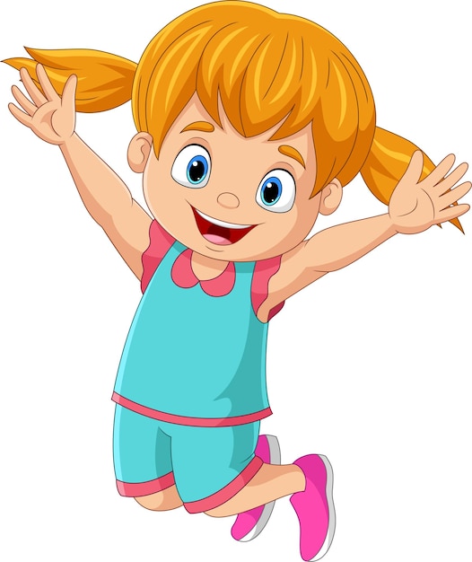 Vecteur dessin animé heureux petite fille sautant