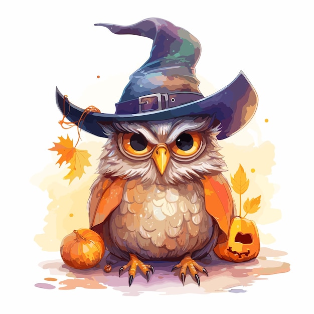 Dessin Animé Hibou Avec Chapeau D'halloween Et Citrouille Isolé Sur Fond Blanc