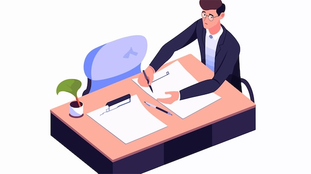un dessin animé d'un homme assis à un bureau avec un stylo et du papier devant lui