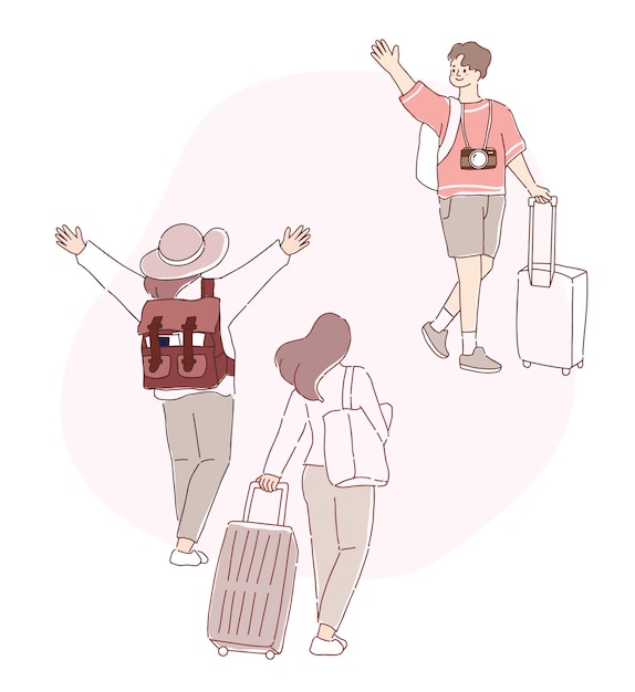 Un Dessin Animé D'un Homme Et D'une Femme Avec Un Sac à Dos Et Un Sac à Dos Saluant La Caméra.