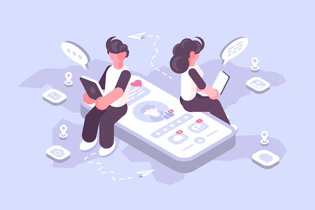 Dessin animé homme et femme utilisant les médias sociaux sur des gadgets modernes