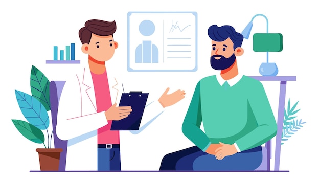 un dessin animé d'un homme avec un médecin sur ses genoux qui parle à un autre homme