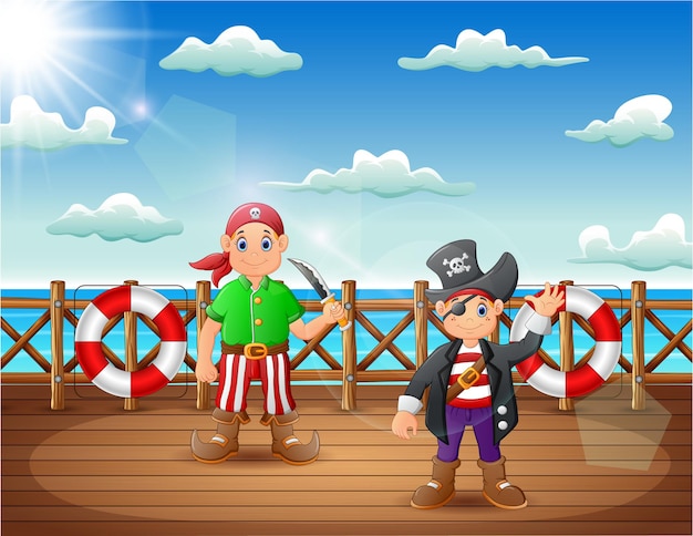 Dessin Animé Homme Pirate Sur Les Ponts D'un Navire