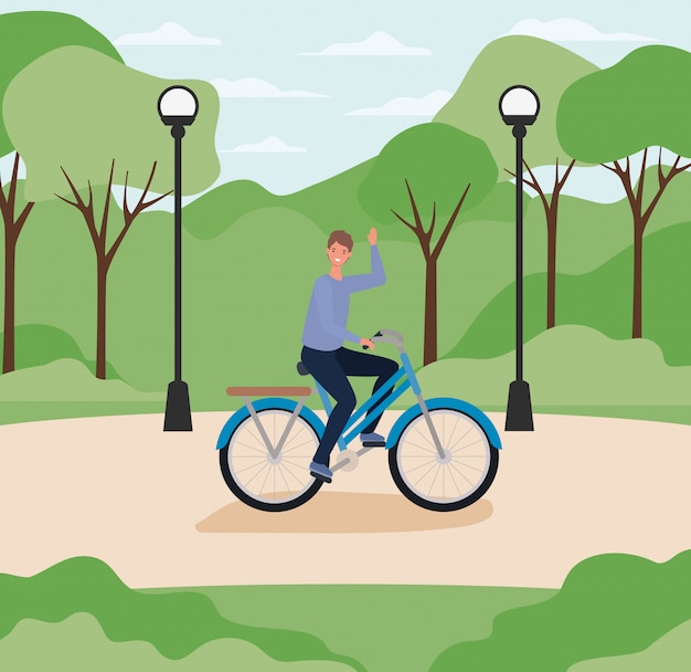 Dessin Animé Homme Vélo Au Parc Avec Lampes