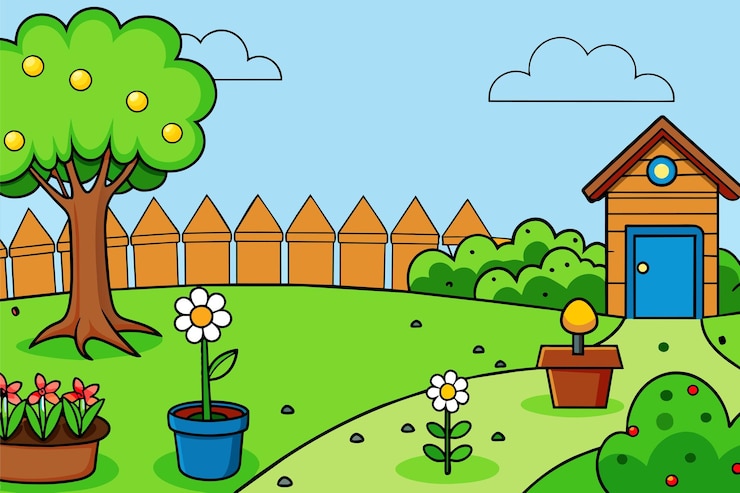 Vecteur un dessin animé d'un jardin avec un arbre et une maison avec une clôture en arrière-plan