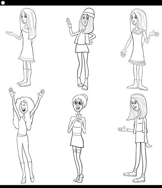 Vecteur dessin animé jeune femme personnages drôles set page de coloriage