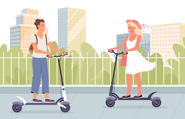Dessin animé jeune homme femme personnages conduisent vitesse scooter électrique dans la rue alternative mode de vie écologique